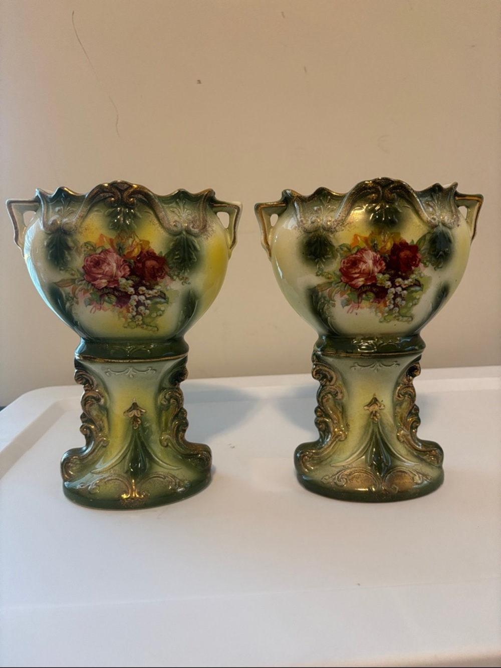 Green and Yellow Floral Ceramic Pedestal Vases - Pair